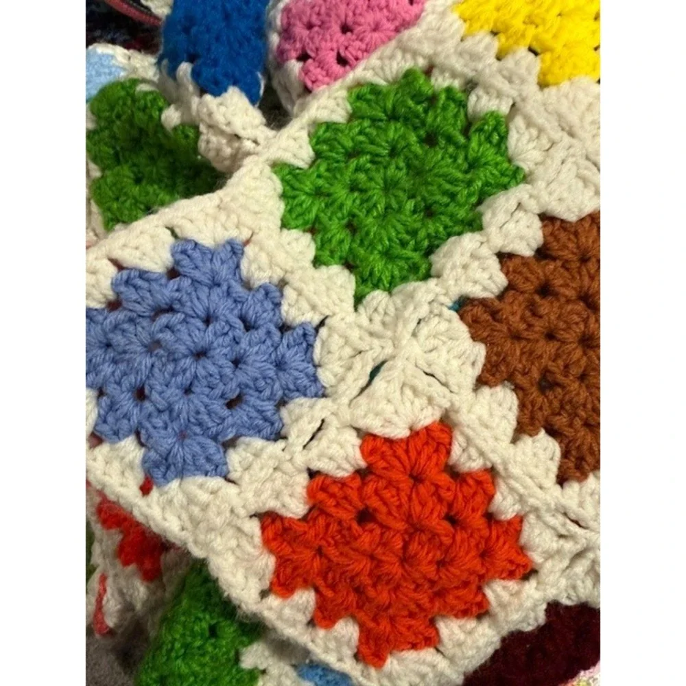Vintage Handmade Crochet Granny Square Blanket Multi Boho Throw Afghan 67x60